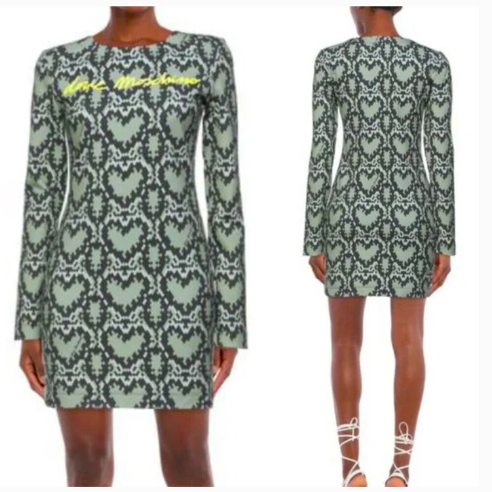NWT Love Moschino Heart Logo Long Sleeve Snakeskin Fitted Dress Green Size 4 - Picture 2 of 16
